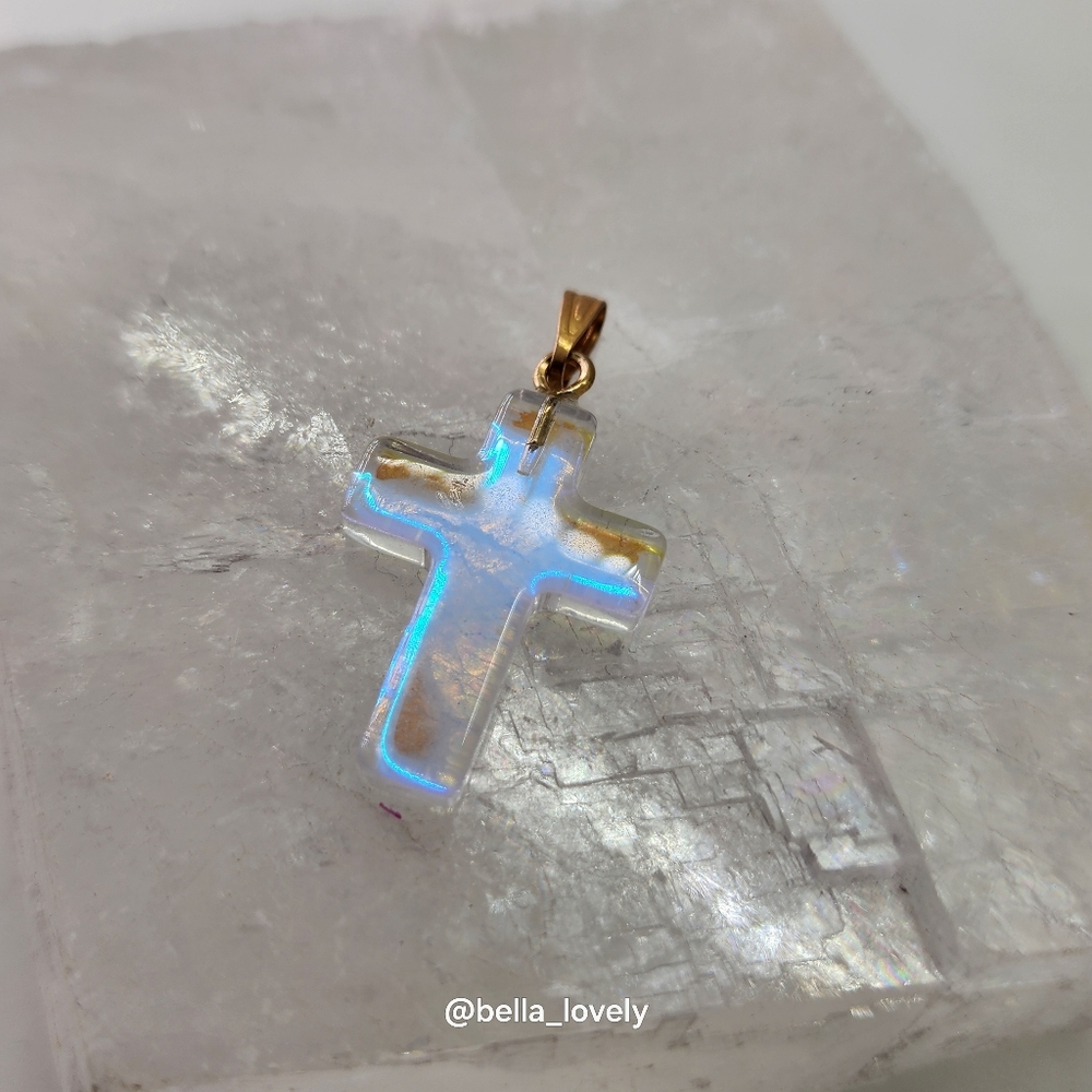 Iridescent Opal Cross Pendant - Gold Bail